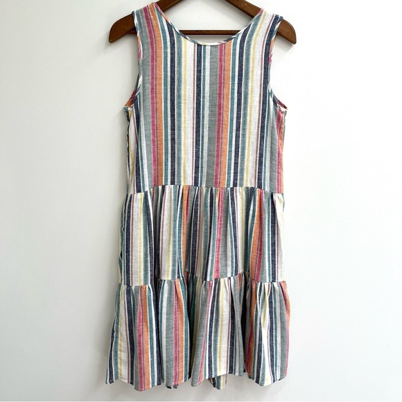 Marissa Olivia linen rayon blend sleeveless striped tiered midi dress small - Picture 2 of 7